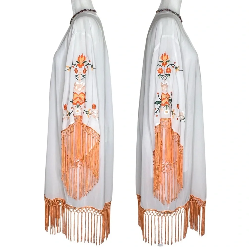 Fringe Kimono Floral Boho Festival Embroidered White Orange Flowers Medium Cato - Picture 4 of 17
